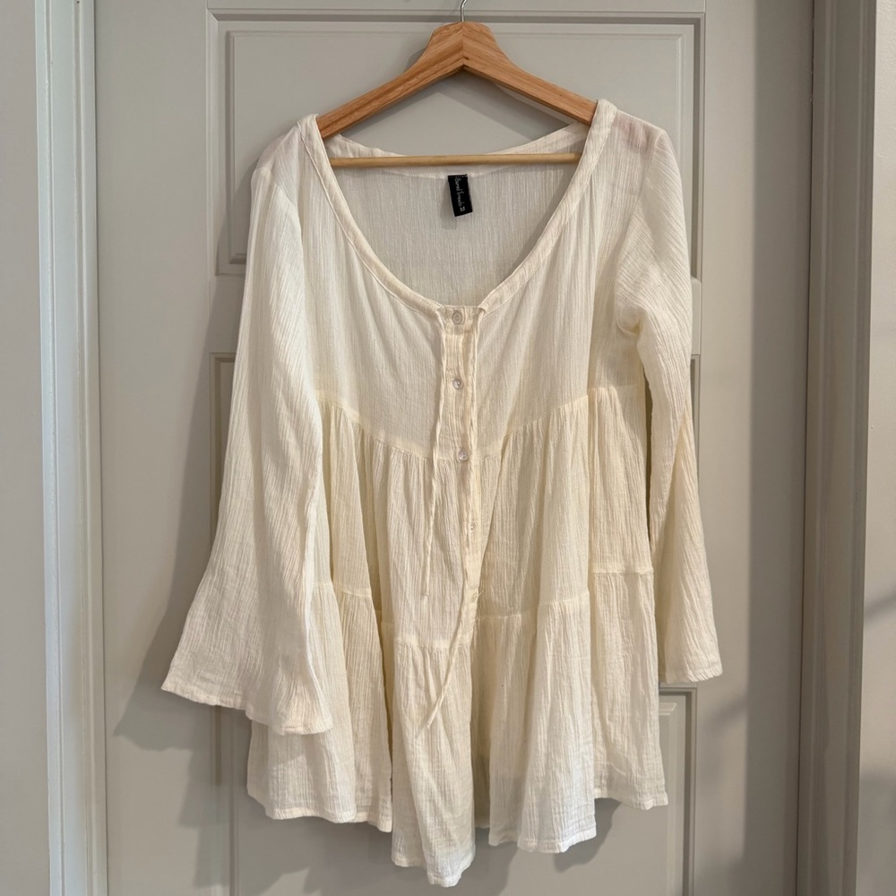 Sacred Threads Cream Tiered Peasant Boho Cotton Tunic Size Medium